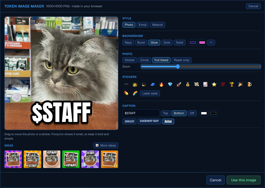 The token image maker turning that cat photo into a $STAFF token image, with more style ideas along the bottom.
