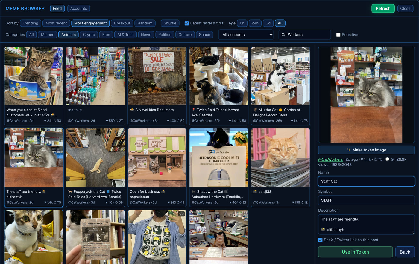 The Meme browser filtered to shop-cat posts from X, with one picked and its name, ticker and description filled in as Staff Cat, $STAFF.